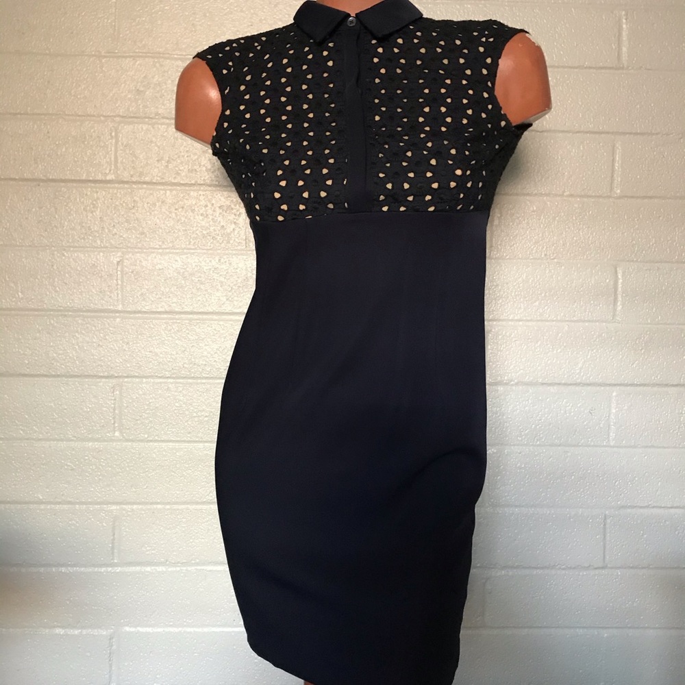 Ann Taylor petites Eyelet Bust Navy Dress sz 00P